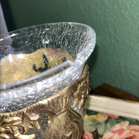 Vintage Brass Pedestal Celestial Sun Votive Candle Holder Stand Crackle Glass - Picture 5 of 9